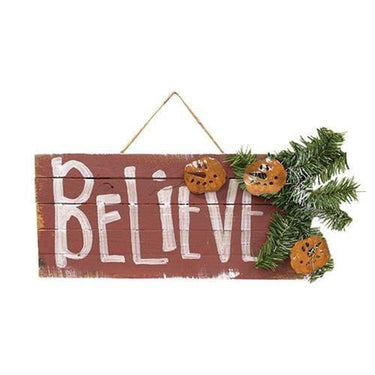 Lath Believe Sign w/Rusty Snowmen & Pine - The Fox Decor